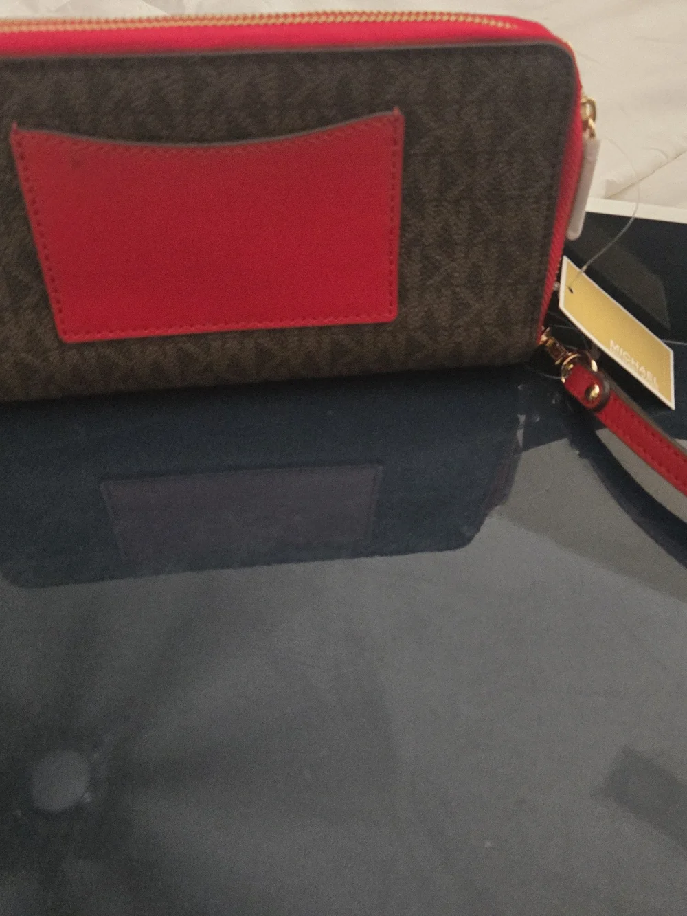 Michael Kors Women's Brown Logo Zip Wallet with Red Trim